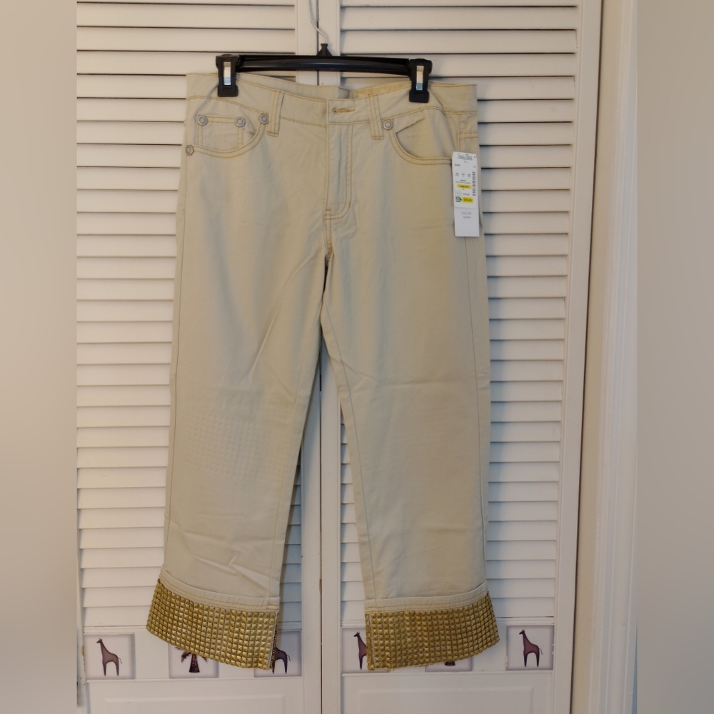 Cream Capri Pants with Gold Studded Hem